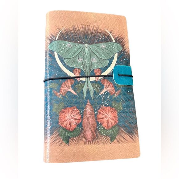 Butterfly Cocoon & Flowers Faux Leather Reusable Travelers Notebook 8x4.5” - Picture 1 of 8